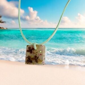Resin Lavender Holographic Square Green Faux Leather Necklace